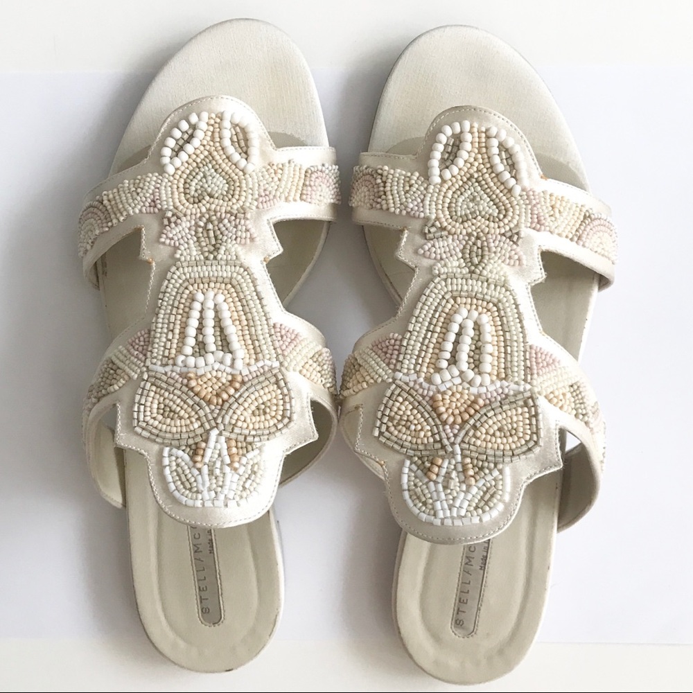 Stella McCartney Pearl Beaded White Ivory Satin Slides Sandals 37 Wedding Bridal